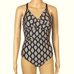 JANTZEN black w/abstract, multicolored diamonds one-piece swimsuit. Size 10. EUC